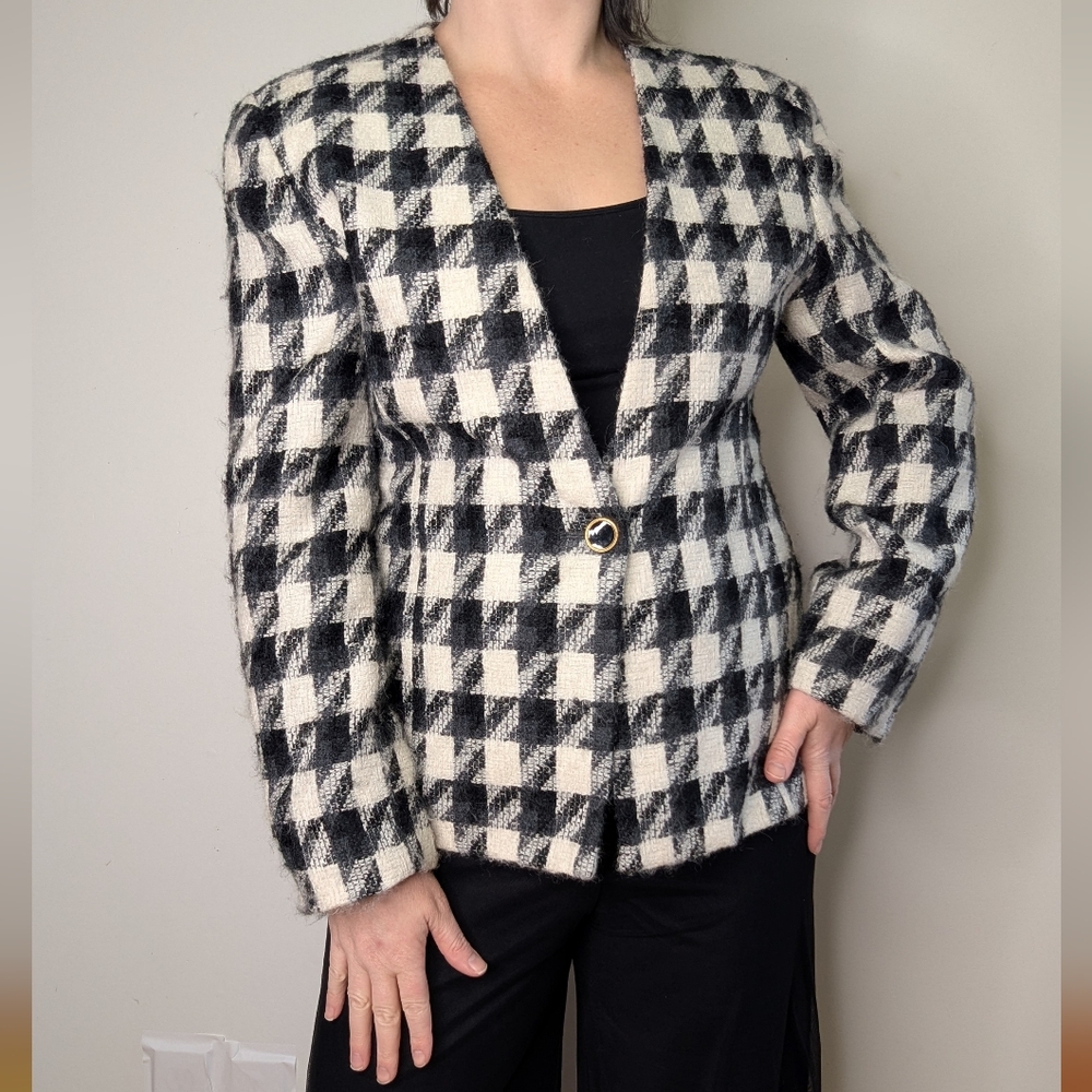 Vintage Mohair Wool* Blend Size M/L Houndstooth Check Blazer Single Button